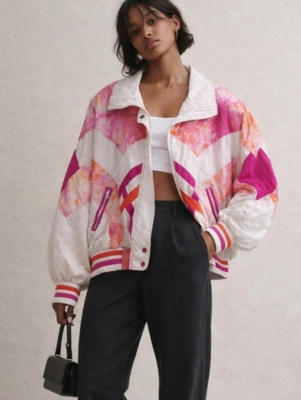 Vintage Bomber Women Jacket Pink/White Colorblock Retro 90s Oversized Streetwear